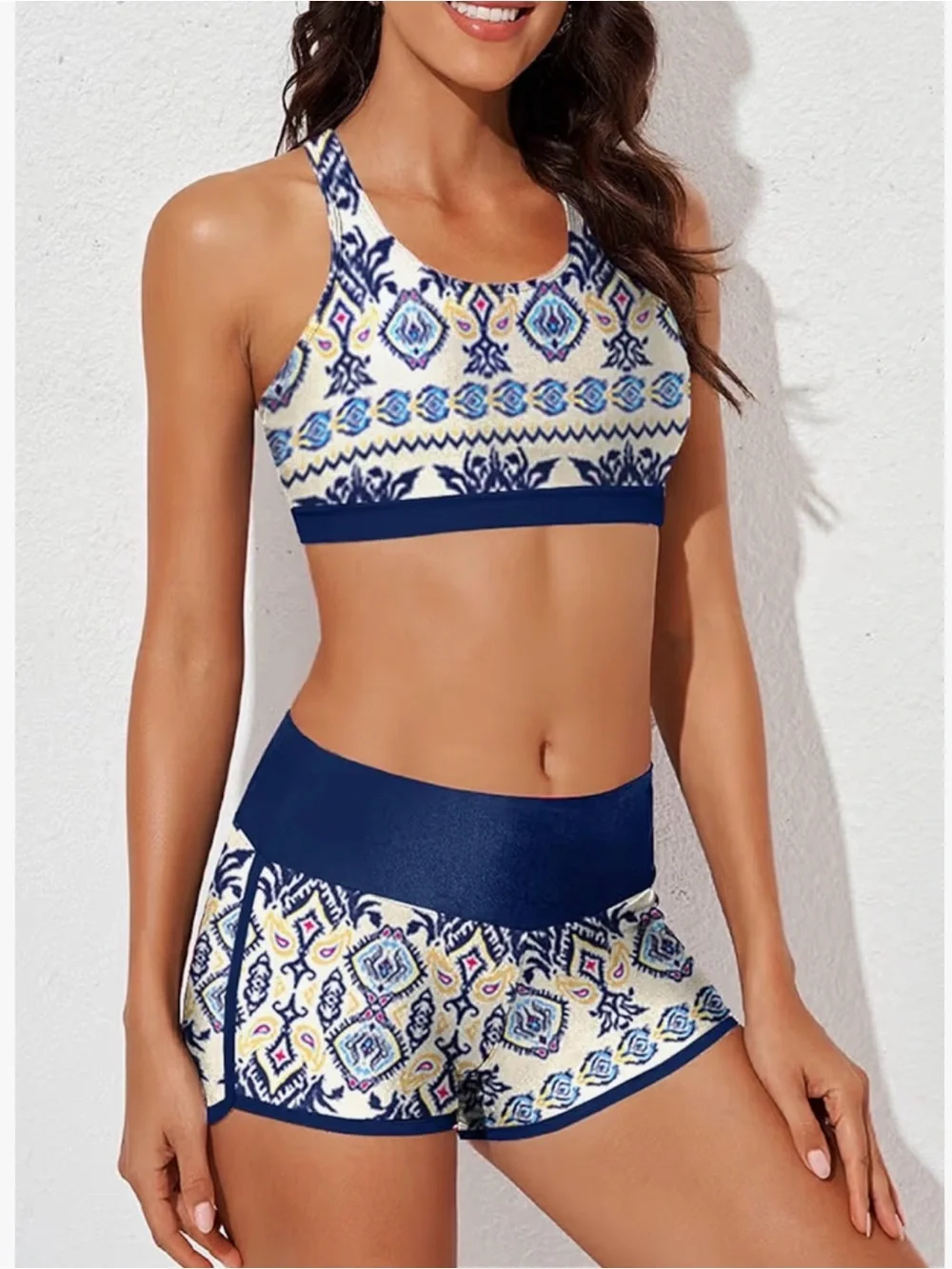 Aleumdr Women’s 3-Piece Athletic Tankini Swimsuit Set Cream & Blue • Size S•NWOT - Picture 9 of 11